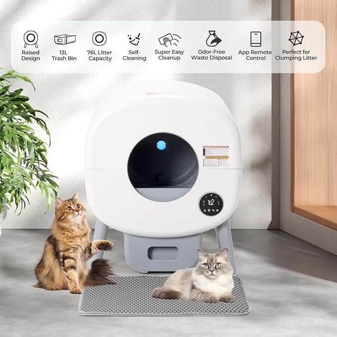 Self Cleaning Cat Litter Box: 76L Extra Large Automatic Litter Box for Multiple Cats, Odor-Free, Smart App Control, Ambient Light Waste Disposal