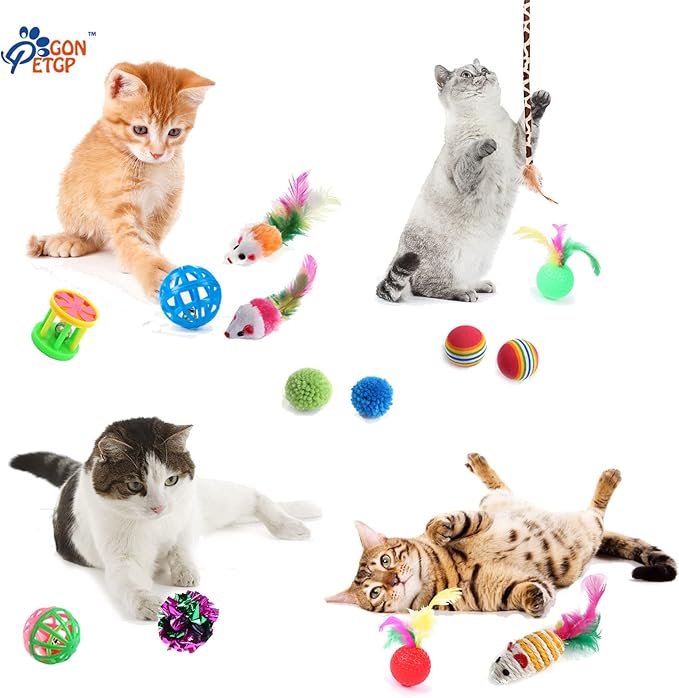 GONPET Set for Indoor Cats: 23 PCS Kitten Toys, Incl. Collapsible Pet Tunnel, Interactive Cat Teaser Wand & Balls