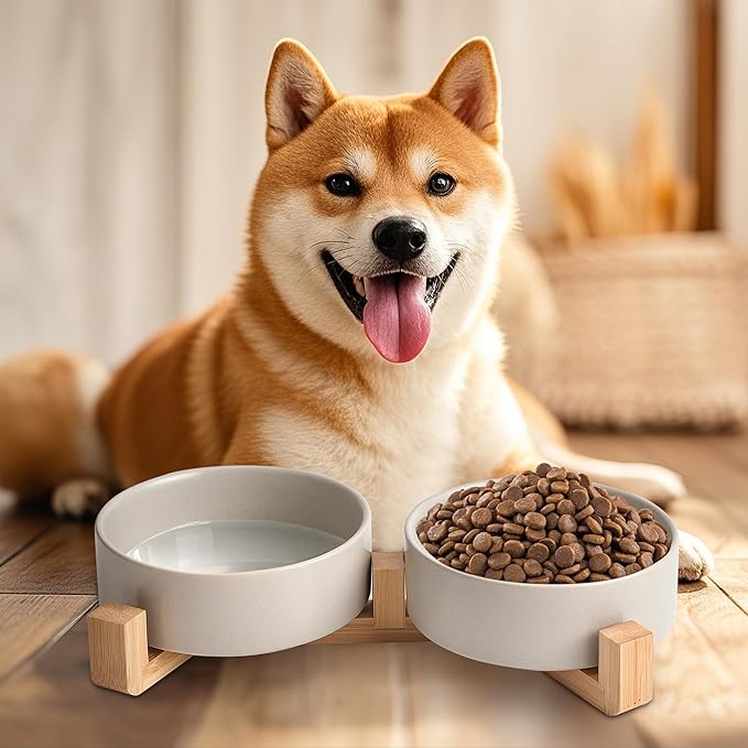 Grey Ceramic Dog & Cat Bowl Set – 13.5 OZ with Wooden Stand, Non-Slip, Elevated Design for Small Dogs & Cats – 2 Bowls (Food & Water, Ceramic Pet Bowls, Modern Dog Bowls)