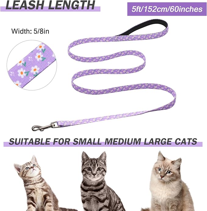 Hikiko Cat Harness and Leash Set Escape Proof Adjustable Walking Travel Cute Girl Kitten Harness for Small Medium Large Cats (Purple Floral, M)