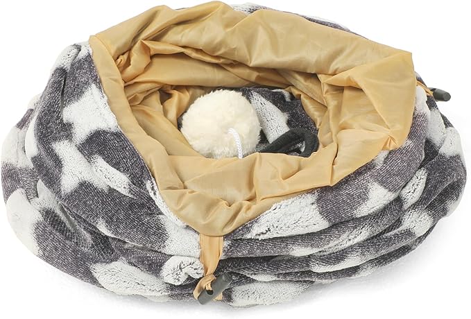 LUCKITTY Cat Tunnel Toy- 3 Way-Shaped, Gray Star Pattern, Soft Velvet Exterior, Oxford Fabric Fog-Proof Interior, Plush Toy Ball, Easily Washable, Conveniently Foldable