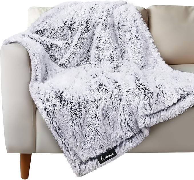 Luciphia Large Waterproof Dog Blanket Pet Washable Liquid Proof Furniture Protector Medium Shaggy Plush Calming Long Faux Fur Bed Cover for Couch Cat Blankets Kitten Doggy, Mist Grey, 40" x 50"