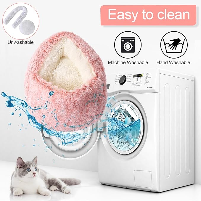 Calming Dog Beds & Cat Cave Bed with Hooded Cover,Removable Washable Round Beds for Small Medium Pets,Anti-Slip Faux Fur Fluffy Coved Bed for Improved Sleep,Fits up to 15/25 lbs(Bean Mush,S)