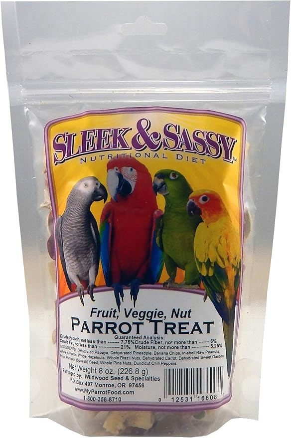 SLEEK & SASSY Fruit, Veggie, Nut Parrot Treat Perfect for Large Conures, Amazons, African Greys, Cockatoos, Pionus-Parrots & Macaws (8 oz.)