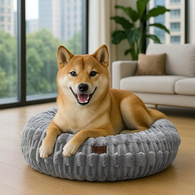 ShinHye Cat Bed - Washable Donut Bed for Cats and Small Dogs, Calming Round Pet Bed with Non-Slip Bottom, Indoor Comfort for Puppy & Kitten(ZJ-Grey-28x28)