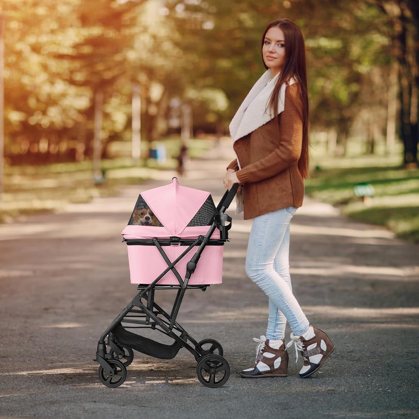 Pet Stroller for Small/Medium Dogs Cats Up to 33lbs, 3 in 1 Foldable Dog Stroller, Car Seat, Detachable Carrier with Anti-Scratch Mesh, Seat Belts, Comfort Cushions - Pink