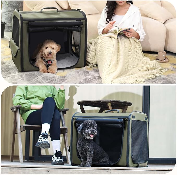 Dog Car Carrier Light Weight, Dog Carrier for Car Easy to Assemble, Dog Car Crate Portable and Breathable, Foldable Pet Carrier for Both Indoor and Outdoor Use, Dog Travel Crate with Curtain Green