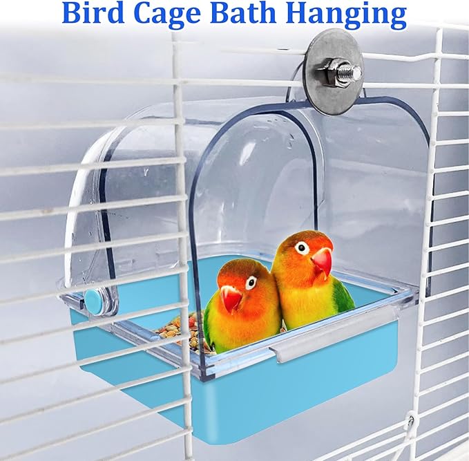 Tfwadmx Bird Cage Bath Hanging Bird Bath Supplies Parrot Bath Tub Water Shower Food Feeder Holder Tray for Small Birds Canary Budgies Cockatiel Lovebirds(Blue)