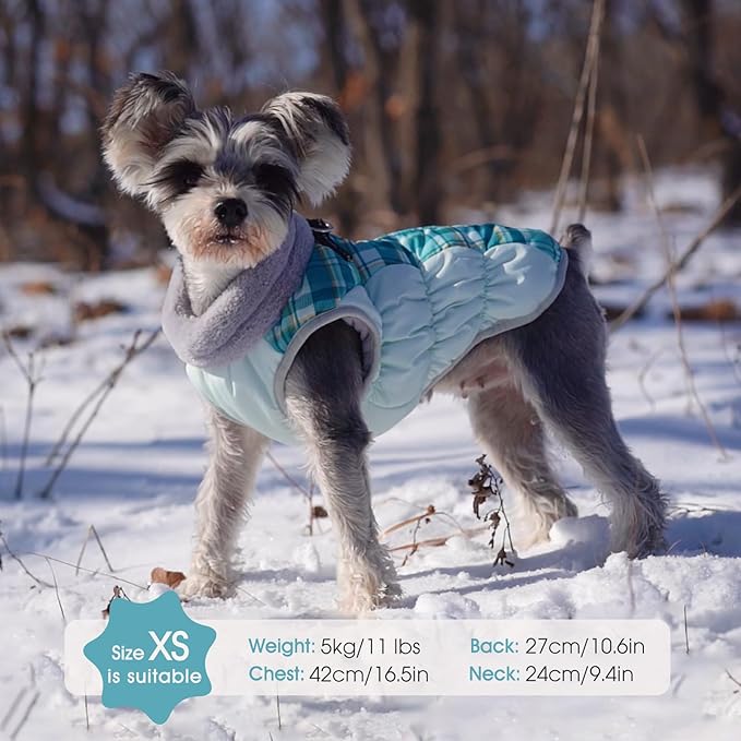 FUAMEY Dog Coat for Small Dogs,Waterproof Dog Winter Jacket with Harness Built in Puppy Cold Weather Coats Reflective Pet Vest with Zipper Warm Fleece Dogs Snowsuit Windproof Green Plaid S