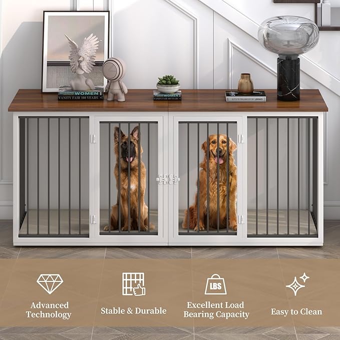 Large Dog Crate Furniture for 2 Dogs, 71.6'' Steel Frame Dog Crate with Double Doors, Heavy Sturdy Kennel for Small Medium Large Dogs, Indoor Double Dog Cage (White)