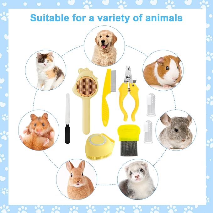VCZONE 8 Pcs Cat Brush Grooming Kits, Pet Self Cleaning Kit with Pet Nail Clipper and File, Flea Comb, Pet Shampoo Bath Brush, Pet Shedding Brush, Silicone Toothbrush (Yellow)