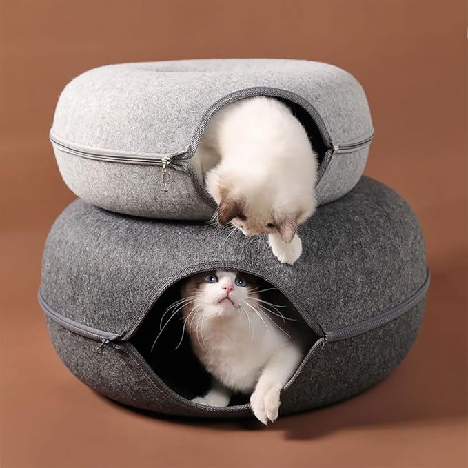 Cat Tunnel Bed for Indoor Cats with 3 Toys, Scratch Resistant Donut Cat Bed, Up to 9 Lbs (M 20x20x9, Dark Grey)