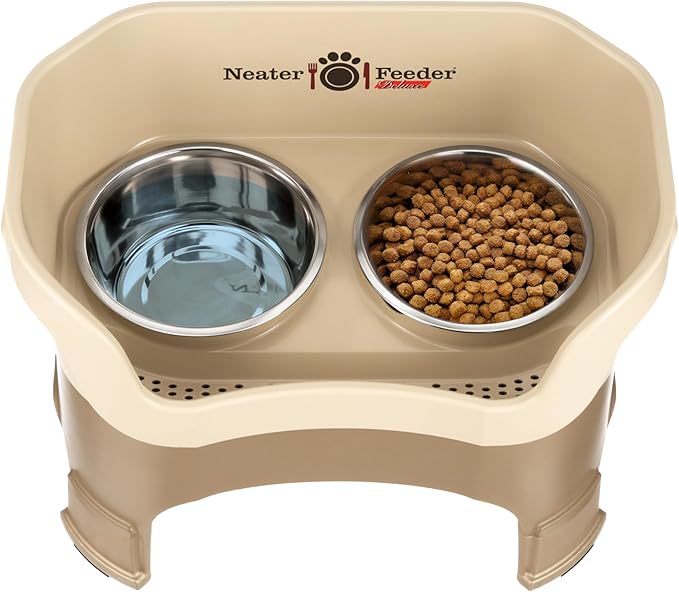 Neater Feeder Deluxe Mess Proof Dog Bowls Elevated for Large Dogs – Made in USA – No Spill Raised Dog Food Bowl Stand w/Leg Extensions – Stainless Steel Dog Food and Water Bowl Set – Cappuccino