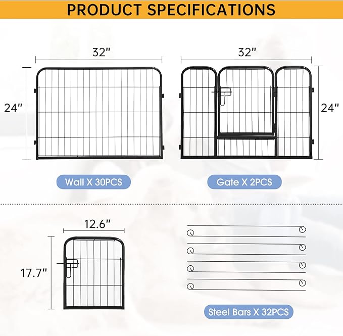 BestPet | Dog Playpen | 24 Inch, 32 Panels | Heavy Duty Metal Pet Exercise Pen | Indoor Outdoor Fence Panels | Rust-Resistant, Removable, Tool-Free Setup | Anti-Skid, Expandable Design