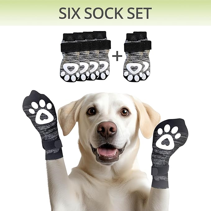 Non-Slip Dog Socks for Hardwood Floors - 6-Pack | Anti-Slip Toes to Prevent Licking Paws, Add Grip, and Provide Paw Protection | for All Ages and Senior Dogs - XL