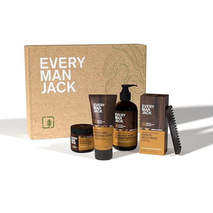 Every Man Jack Men's Sandalwood Beard Set - Perfect for Every Guy - Five Grooming Essentials For a Complete Routine - Beard + Face Wash, Beard + Face Lotion, Beard Oil, Beard Butter, and Beard Comb