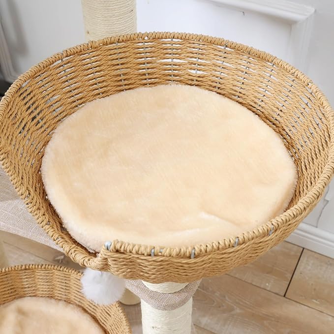 SHENGOCASE Modern Cat Tree Tower, 3 Large Rattan Wicker Basket Beds, Window Perch for Cats up to 20 lbs