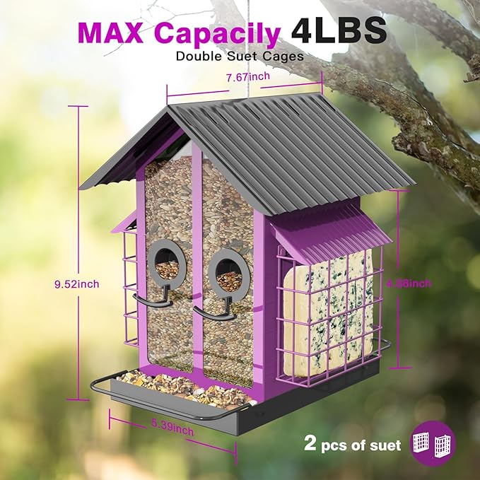 Bird Feeders for Outdoors, Metal Bird Feeder with Double Suet Cage Weatherproof Metal Roof, 2 in 1 Mixed Seeds Suet Feeder, 4Lbs Large Capacity, Great for FinchćCardinalćChickadeeļ¼Purpleļ¼