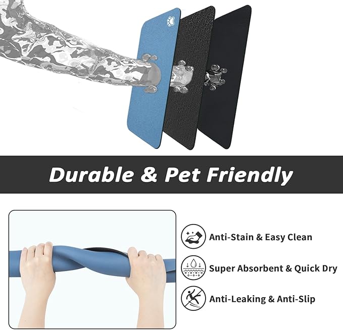 Pet Feeding Mat - Absorbent Dog Mat for Food and Water, No Stains Cat Bowl Mat, Easy to Clean Pet Placemats, Quick Dry Dog Water Dispenser Mat for Messy Drinkers | Paw Blue 16"x 24"