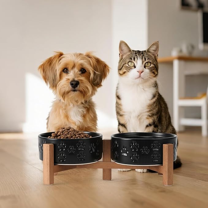 SPUNKYJUNKY Ceramic Elevated Dog Bowl Set with Acacia Wood Stand for Food and Water for Cats and Small Dogs (13.52 OZ, Black, Dog Paw Pattern)