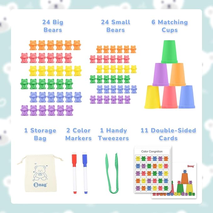 Bmag Counting Bears with Matching Sorting Cups, Preschool Math Learning Game with 24 Big and Little Bears, STEM Educational Learning Activities for Kids Age 3-5
