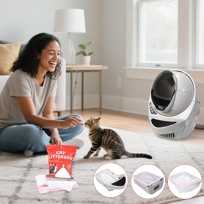 80 Count Thicken Cat Litter Box Liners for Automatic Cat Litter Box and Litter-Robot 4/3, Heavy-Duty Drawstring Kitten Litter Drawer Liners Disposable 25" x 16"