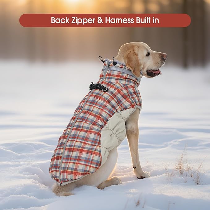 FUAMEY Dog Coat for Large Dogs,Waterproof Dog Winter Jacket with Harness Built in Puppy Cold Weather Coats Reflective Pet Vest with Zipper Warm Fleece Dogs Snowsuit Windproof Red Plaid XXL