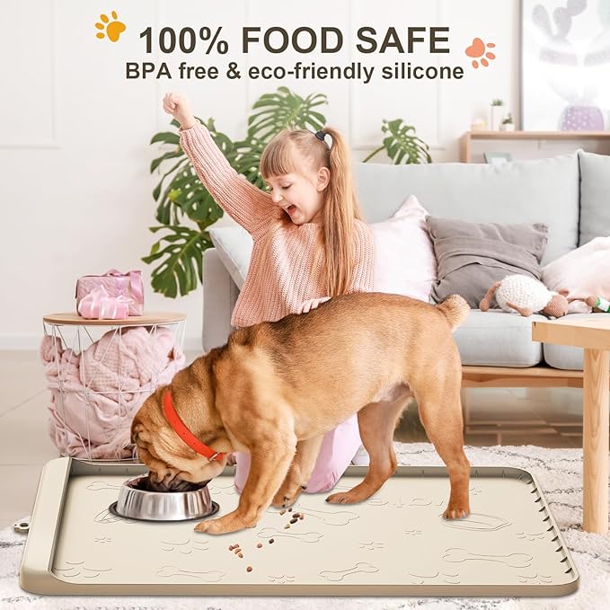 Silicone Dog Feeding Mat - 36" x 24" Large Pet Mat with Residue Collection Pocket and High Edges - Waterproof Mat for Dog and Cat Bowls