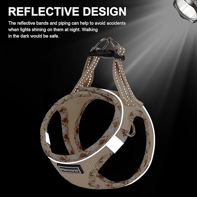 Mercano Soft Mesh Dog Harness and Leash Set, No-Chock Step-in Reflective Breathable Lightweight Easy Walk Vest Harnesses with Safety Buckle for Small Dogs, Cats (Beige, S)