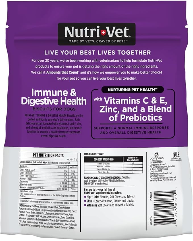 Nutri-Vet Immune & Digestive Health Biscuits for Dogs, Immune Health Biscuits, Prebiotic & Postbiotic Dog Treat, Functional Treat, 16 oz