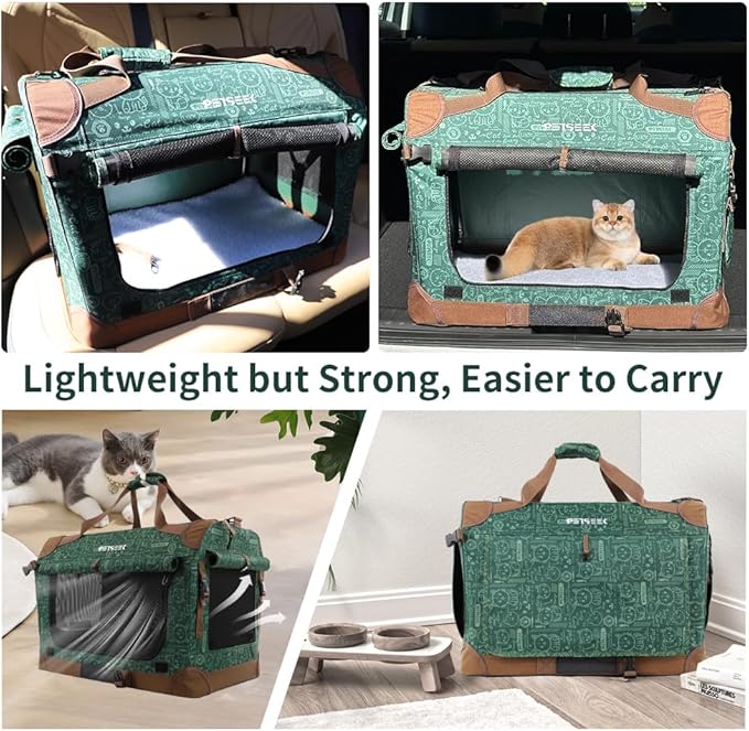 Extra Large Cat Carrier Soft Sided, Portable Small Dog Carrier for 2 Cats, 24"x16.5"x16" Car Travel Folding Comfortable Design, Green