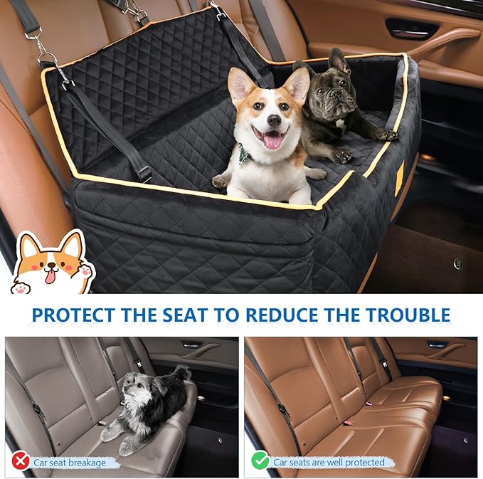 GL GLENSLAVE Dog Car Seat for Large/Medium Dogs, Comfortable Pet Car Booster for Back Seat, Fully Detachable & Washable Dog Travel Bed with Storage Pockets,2 Safety Belts