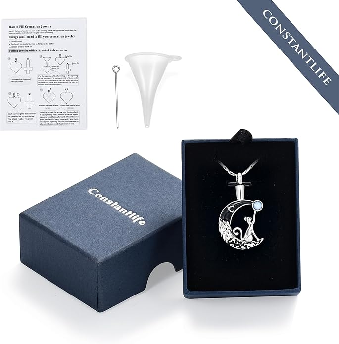 constantlife Cat Moon Urn Necklace for Women Pet Cremation Jewelry for Ashes Stainless Steel Pendant Funeral Keepsake Loved Ones Memorial Gift