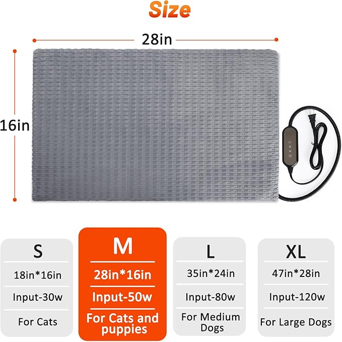 Cat Heating Pad, Waterproof Heated Cat Dog Bed with Adjustable Temperature & Timer, Electric Pet Mat for Indoor Cats Dogs, Chew Resistant Steel Cord(Medium : 28"x20" Gray)