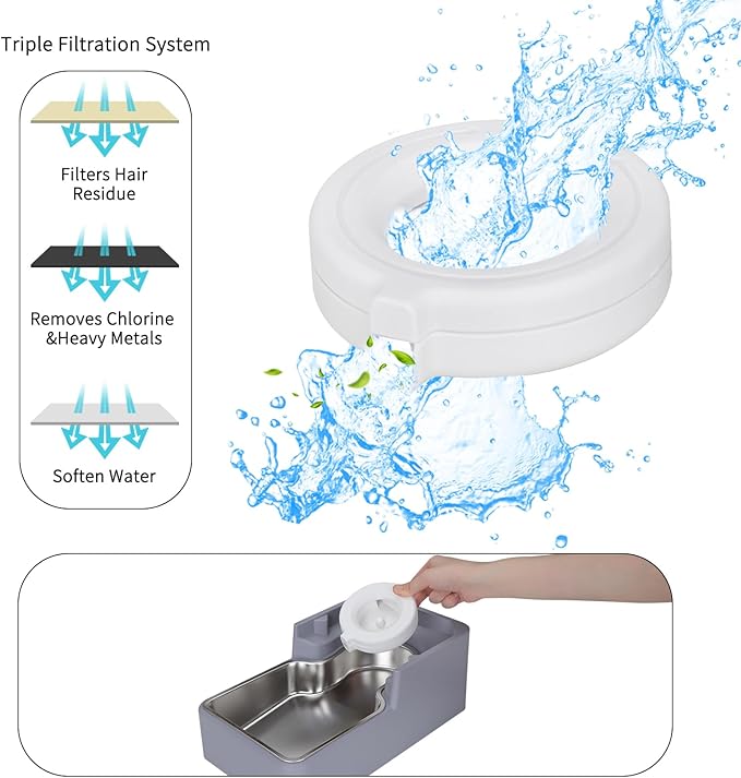 Sfozstra Automatic Lagre Water Dispenser: 9L Dogs Stainless Steel Gravity Light Gray Upgraded Feeder - Two Caps and Filters - Convenient Designed for Multiple Pets