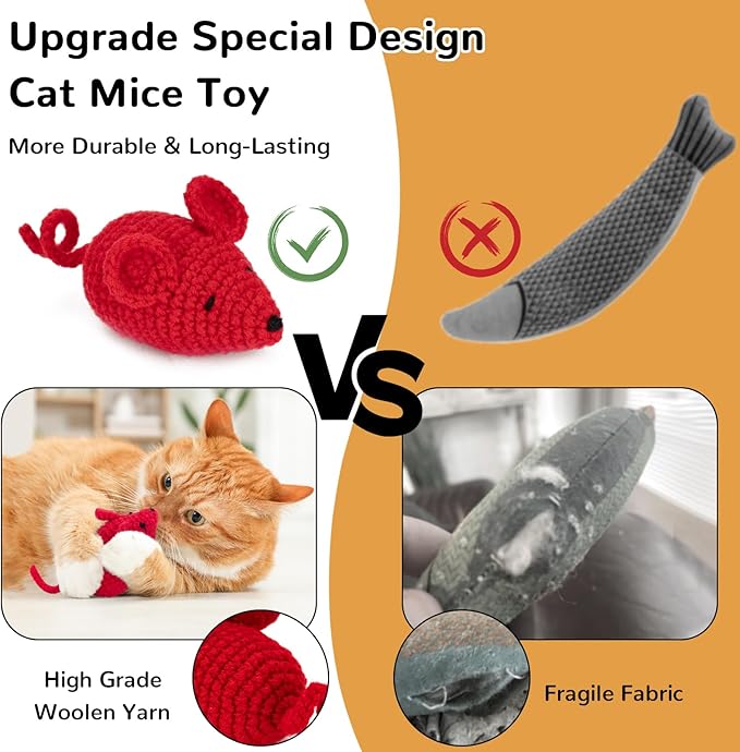 Retro Shaw Catnip Toys Crochet Mice Cat Toys,3 Pcs Yarn Cat Nip Mouse Animals Toy,Safe Teeth Cleaning Toy for Indoor Kittens