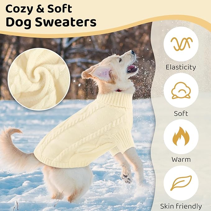 Queenmore Small Dog Pullover Sweater, Cold Weather Cable Knitwear, Classic Turtleneck Thick Warm Clothes for Chihuahua, Bulldog, Dachshund, Pug (White, Medium)