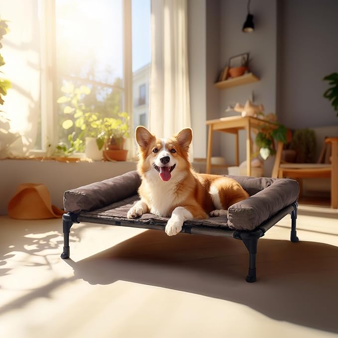 Veehoo Cooling Elevated Dog Bed Add Removable Waterproof Bolster Cushion Mat, Raised Pet Cot with Breathable Teslin Mesh, No-Slip Feet, Dog Sofa Bed for Indoor Outdoor, Medium, Brown CWC2331B