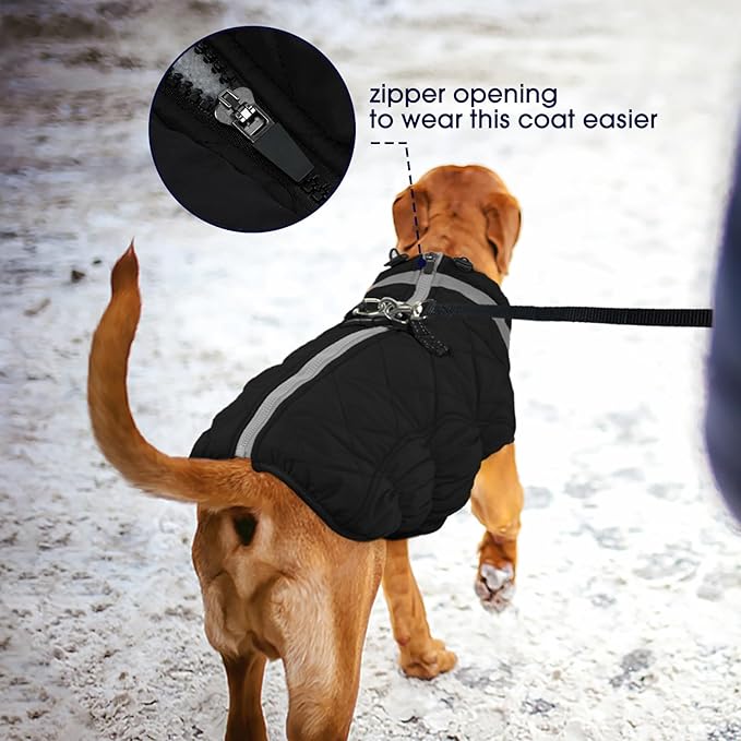 FUAMEY Dog Coat for Large Dogs,Waterproof Dog Winter Jacket with Harness Built in Puppy Cold Weather Coats Reflective Pet Vest with Zipper Warm Fleece Dogs Snowsuit Windproof Solid Black 3XL