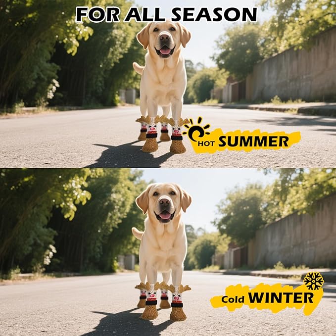 EXPAWLORER Christmas Anti Slip Dog Socks to Prevent Licking Paws, Boots & Paw Protectors with Grippers,Doggie Booties for Hardwood Floors for Small Medium Large Senior Dogs Lifelike Costume Reindeer M