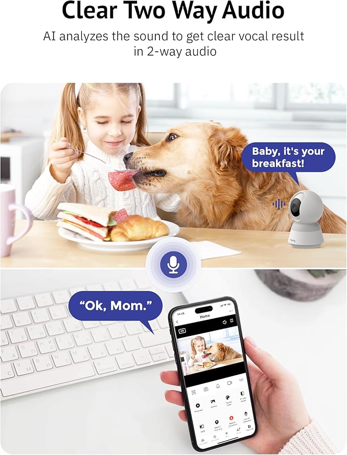 Hugolog 3K 5MP Indoor Pan/Tilt Security Camera with Auto-Focus,2.4 GHZ/5 GHZ,Ideal for Baby Monitor/Pet Camera,Starlight Color Night Vision,Human/Pet AI,Noise Reduction,US Cloud,Works with Alexa