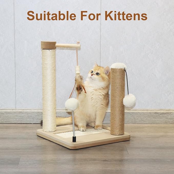 PAWSFANS Small Cat Scratching Post Toys,Sisal Jute 2 Scratch Posts for Kittens and Cats,Hanging Ball with Feather Spring Ball 16inches Beige
