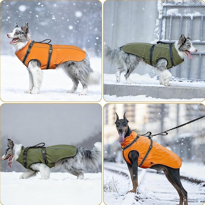 OneTigris Dog Coat with Harness - Reflective Adjustable Coats for Medium and Large Dogs, Waterproof Warm Winter Coat, Soft Heavy Fleece Lining with Back Zipper Dog Jackets