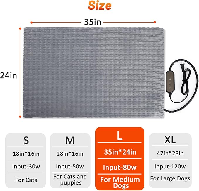 Cat Heating Pad, Waterproof Heated Cat Dog Bed with Adjustable Temperature & Timer, Electric Pet Mat for Indoor Cats Dogs, Chew Resistant Steel Cord(Large : 35"x24" Gray)