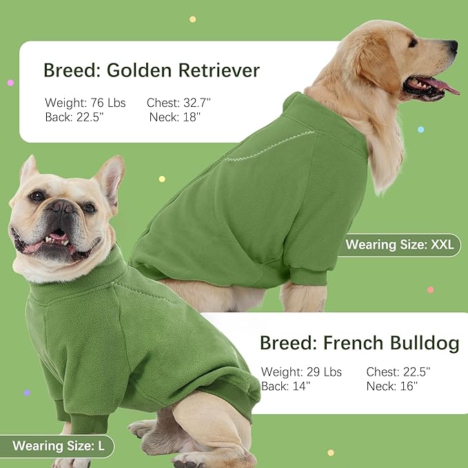 BRKURLEG Dog Sweater Warm Soft Fleece Dogs Sweaters, Turtleneck Sweatshirt for Small Medium Large Dogs, Dog Winter Coat, Christmas Pet Jacket with Zipper Cold Weather Coat (Green, XXXL)