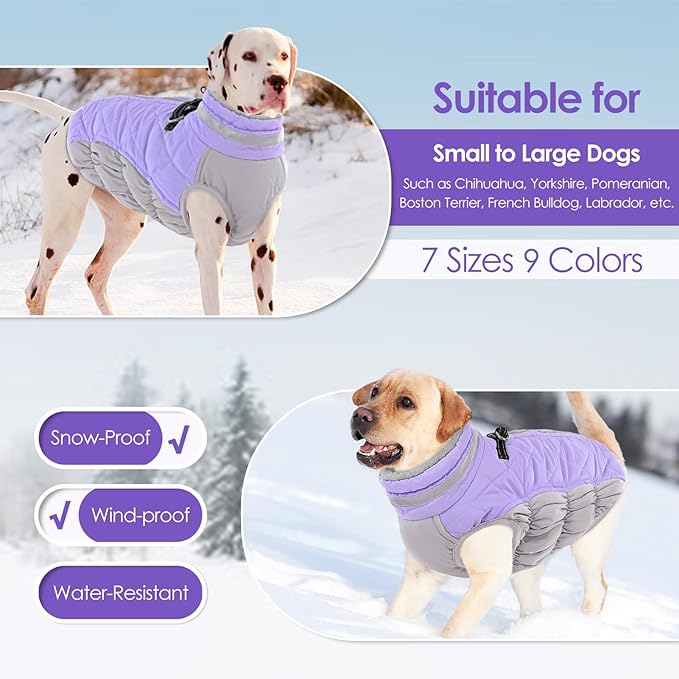 AOFITEE Dog Coat, Warm Dog Jackets for Large Dogs, Reflective Turtleneck Dogs Winter Coat with Harness Built in, Waterproof Windproof Pet Snow Jacket Fleece Vest for Cold Weather, Lilac XXL