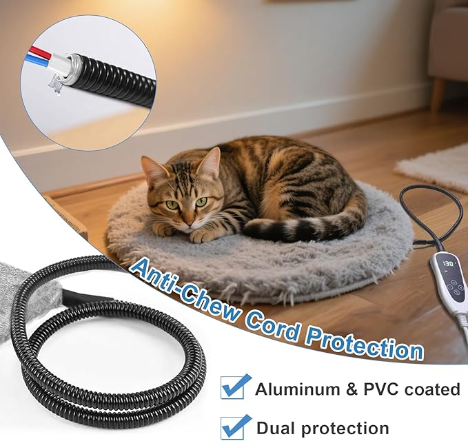 Cat Heating Pad, 17 x 13 in Cat Beds for Indoor Cats,Smart Temperature Switch Metal Protective Tube + Plush Fabric Cover Puppy Whelping Supplies- Grey