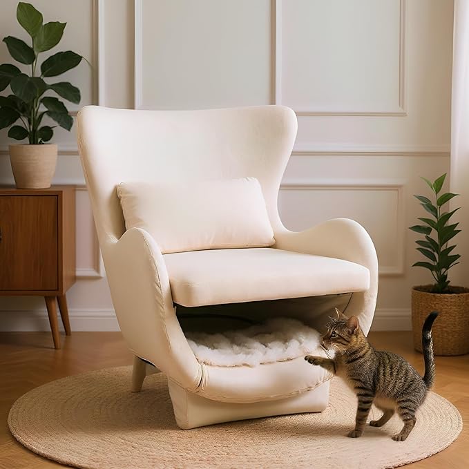 Velvet Chair with Cat Bed for Cats Lover, Pet-Friendly Wing Back Single Sofa with Pet Nest for Living Room, White.