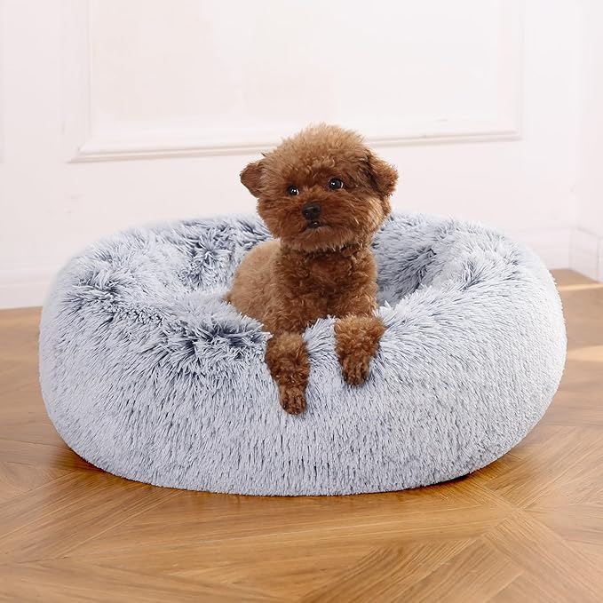Amazon Basics Donut Pet Bolster Faux Fur Bed for Dog, Grey, 23" x 23"