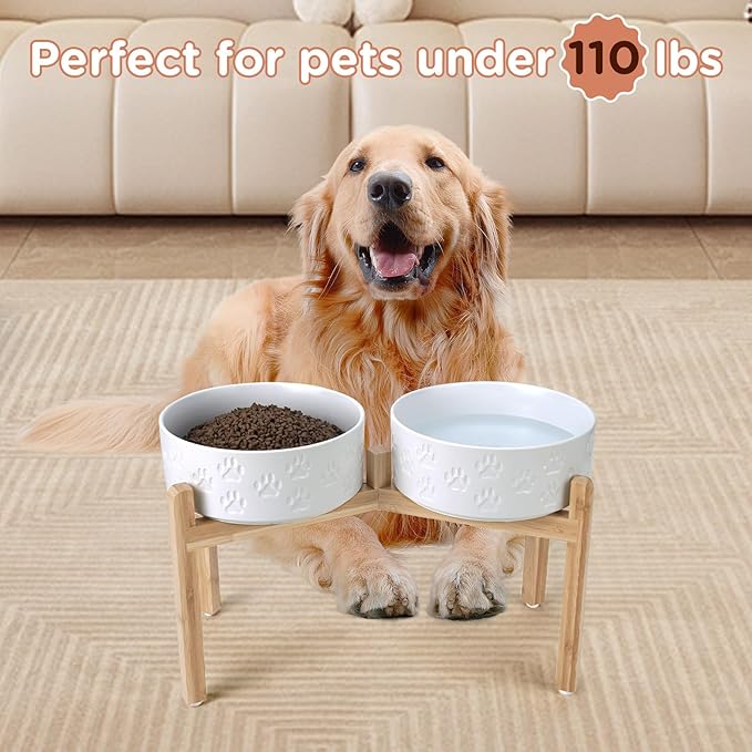 SPUNKYJUNKY Elevated Dog Bowls Ceramic, 8.3'' Dogs Food Water Bowls Raised with Non-Slip Bamboo Stand for Large Sized Breed Microwave Dishwasher Safe - 60 OZ,Paw White